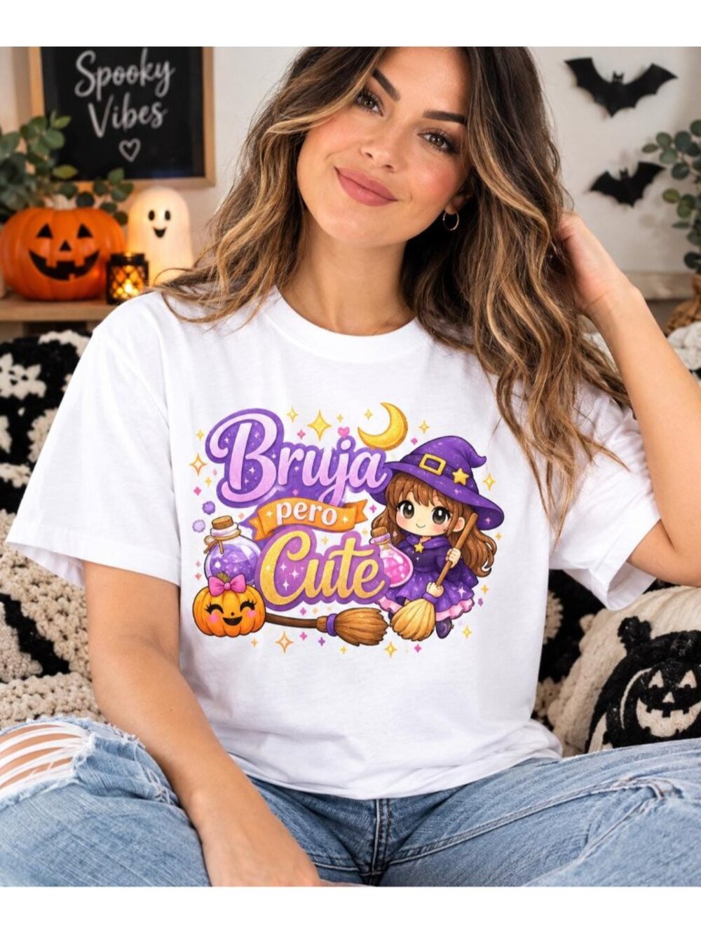 Bruja But Cute Purple Spanglish Halloween Tee T-shirt, Trick or Treat, Ghost,